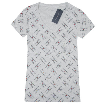 Tommy Hilfiger dámské tričko s krátkým rukávem v-neck Logo Print šedé